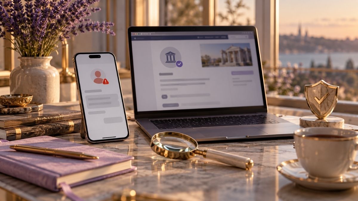 Bir kurumun taklit edildiği şüpheli dijital mesajı inceleyen kişi; telefon ekranında mesaj, yanında resmî site doğrulaması ve kimlik kontrolünü temsil eden sade güvenlik öğeleri