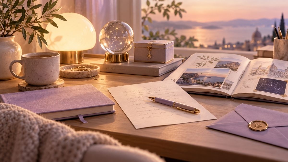 Hayallerini gelecekteki kendine bırakmayı temsil eden, lavanta tonlarında günlük, mektup, seyahat fotoğrafları ve yıldızlı küre bulunan sıcak ışıklı çalışma masası