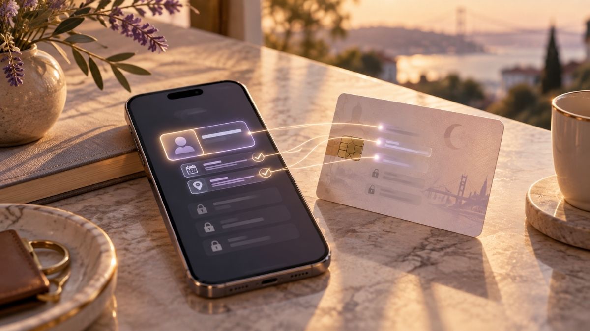 Dijital kimlik cüzdanını temsil eden telefon ekranı; seçili kimlik bilgileri, güven işaretleri ve yalnız gerekli verinin paylaşıldığını anlatan sade modern görsel